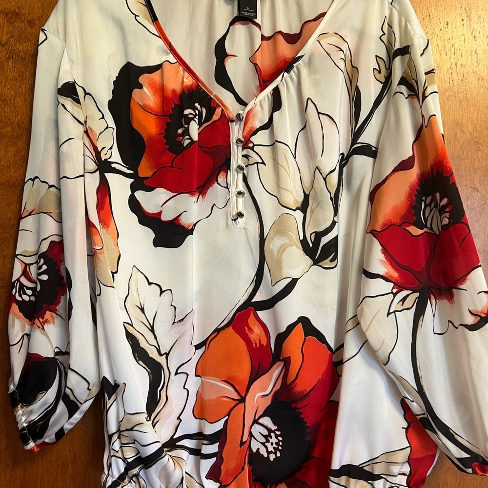 White House Black Market White Blouse with Red & Orange Floral Design